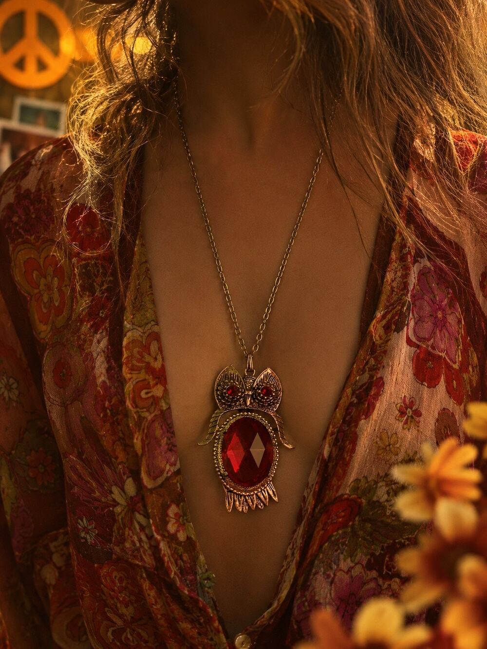 Groovy VTG 70’s Large Pendant Ruby red owl necklace